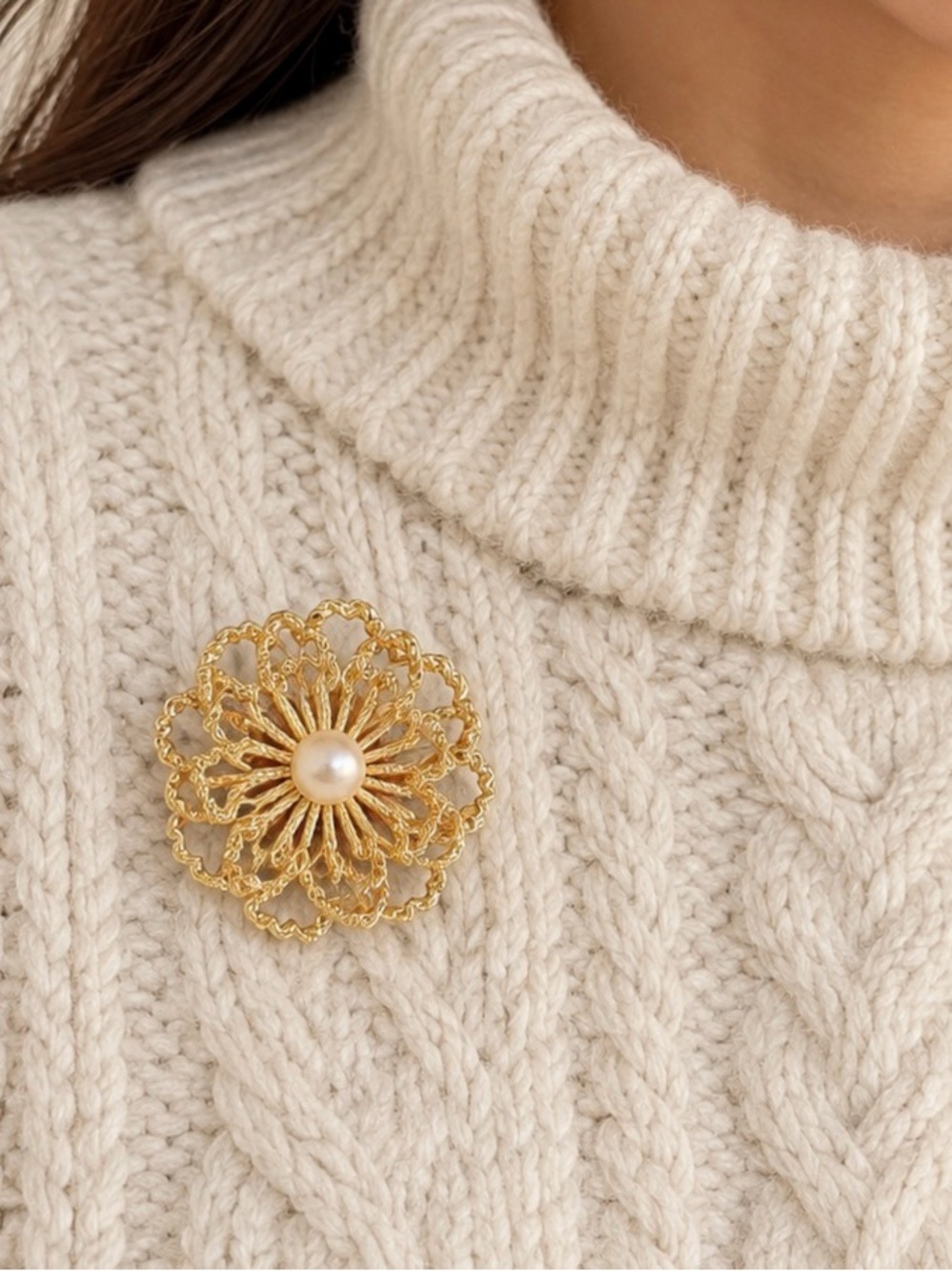 Elegant Gold Flower Brooch with Faux Pearl Center